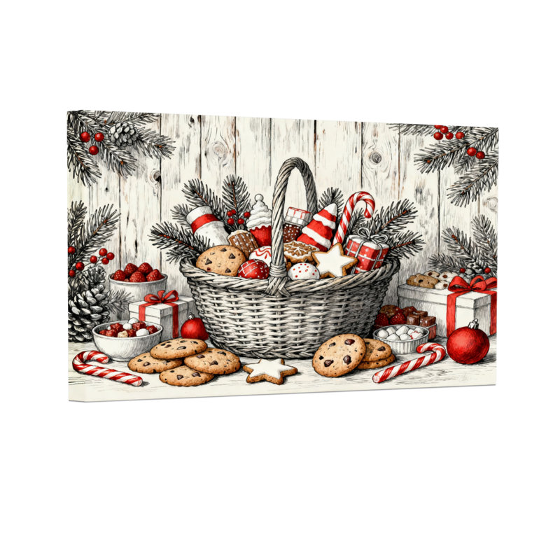 Ensemble de 3 impressions sur toile, panier de Noël avec biscuits et décorations de Noël, H 12 po x l 18 po