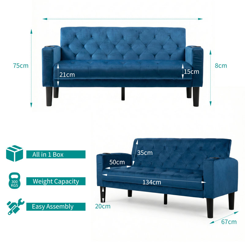Sofa Seats Modern Style Comfy Small Sofa with Pocket Storage 2 USB 2 Cup Holders Upholstered Couch for Living Room Bedroom Office
