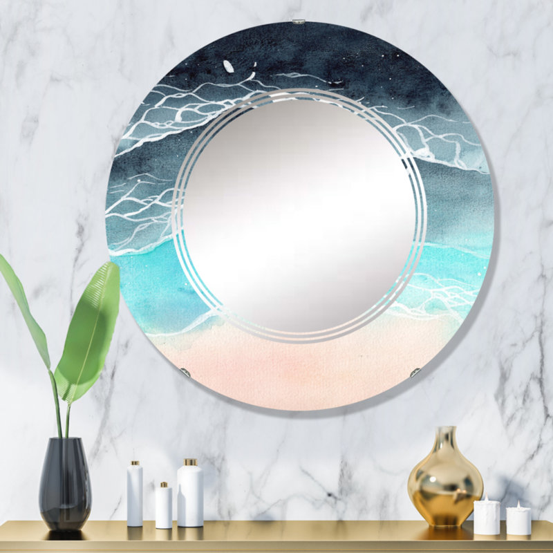 Vue aérienne sur les vagues de l'océan tropical - miroir mural nautique et côtier rond, 32 po x 32 po