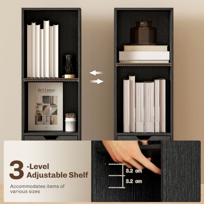 Bookcase, Bookshelf With Drawer And Door, Black