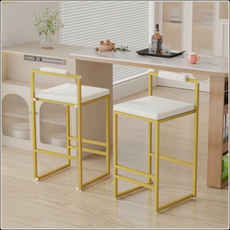 Upholstered Velvet Bar Stools Set Of 2 Modern Kitchen Counter Height Barstools Indoor Dining Chairs, White Seat/ Gold Frame