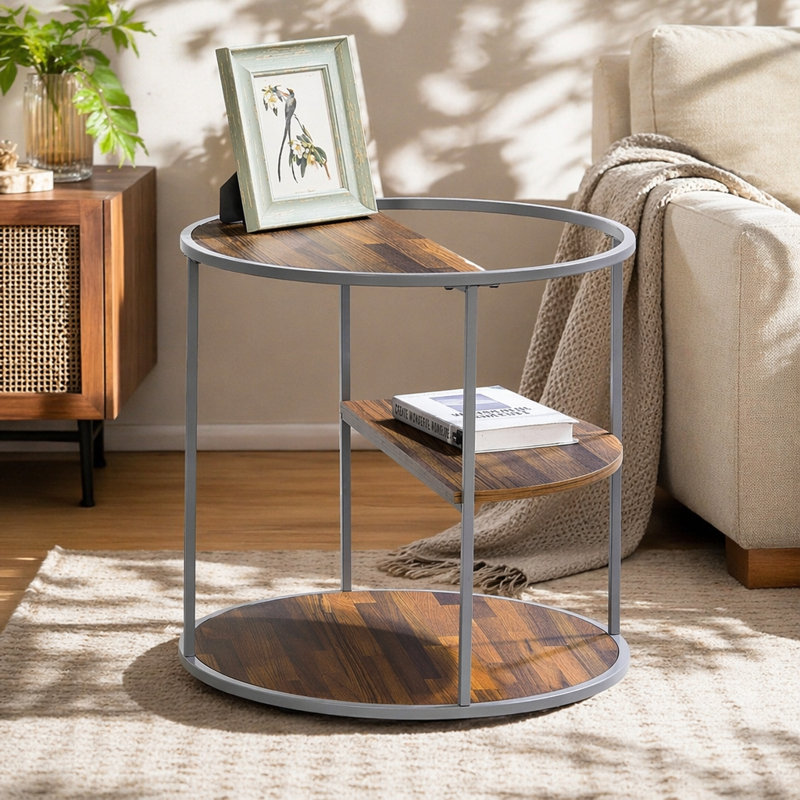 Table de bout à demi-tablette unique de style industriel avec finition grise et noyer avec trois tablettes, table basse thermolaquée - non incluse