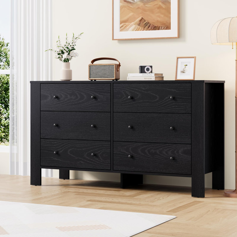  Wide 6 Drawer Dresser for Bedroom – Modern Wooden Chest with Deep Storage Drawers, Metal Knobs – Ideal for Kids Room, Entryway, Hallway, or Home Office Organization, Black