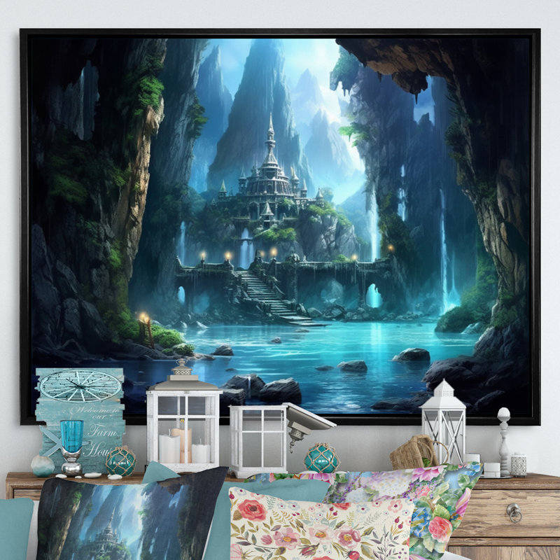Château caché sur toile, Cadre flottant noir, H 24 po x l 32 po x P 1 po
