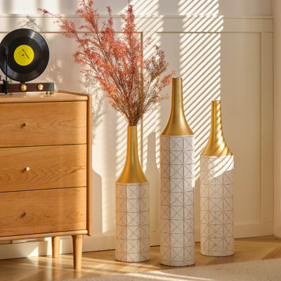 Cory-Lee Handmade Ornate Metal Floor Vase, Gilded Starry Grid, Large Tall Flower Vase(Set Of 3)