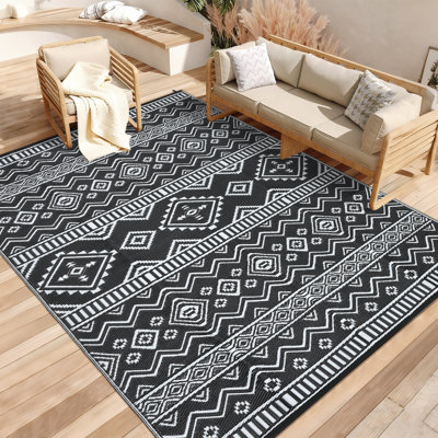 Black and White Geometric Outdoor Area Rug 10x14ft – Washable, Waterproof, UV Resistant Patio Carpet, Easy Clean, Lightweight – USA Specification