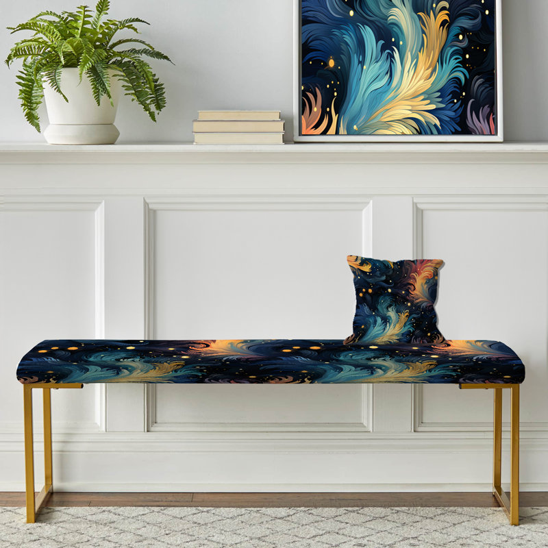 Teal And Orange Cosmic Ikat Whirls - Abstract Upholstered Gold Bench
