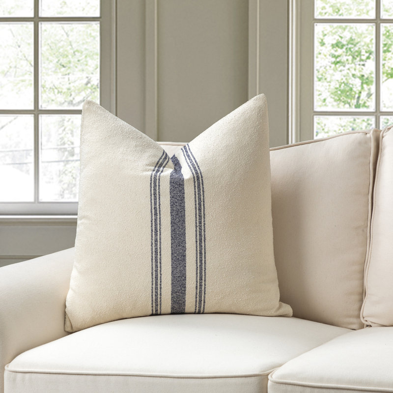 Striped Cotton Blend Reversible Throw Pillow, Down Blend, White/Navy