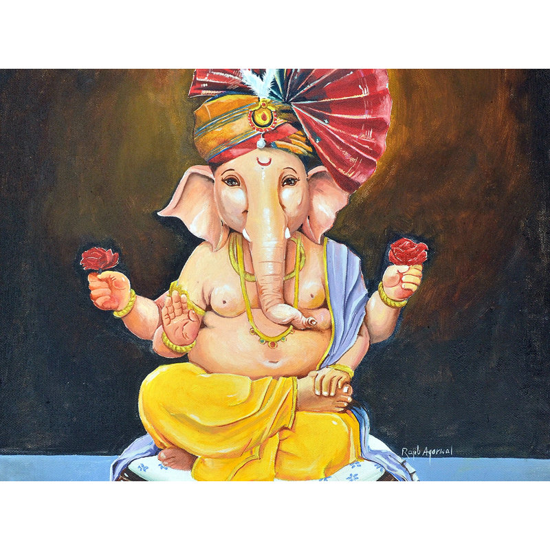 Turbaned Lord Ganesha assis sur un piédestal | Peinture à l'huile par Rajib Agarwal