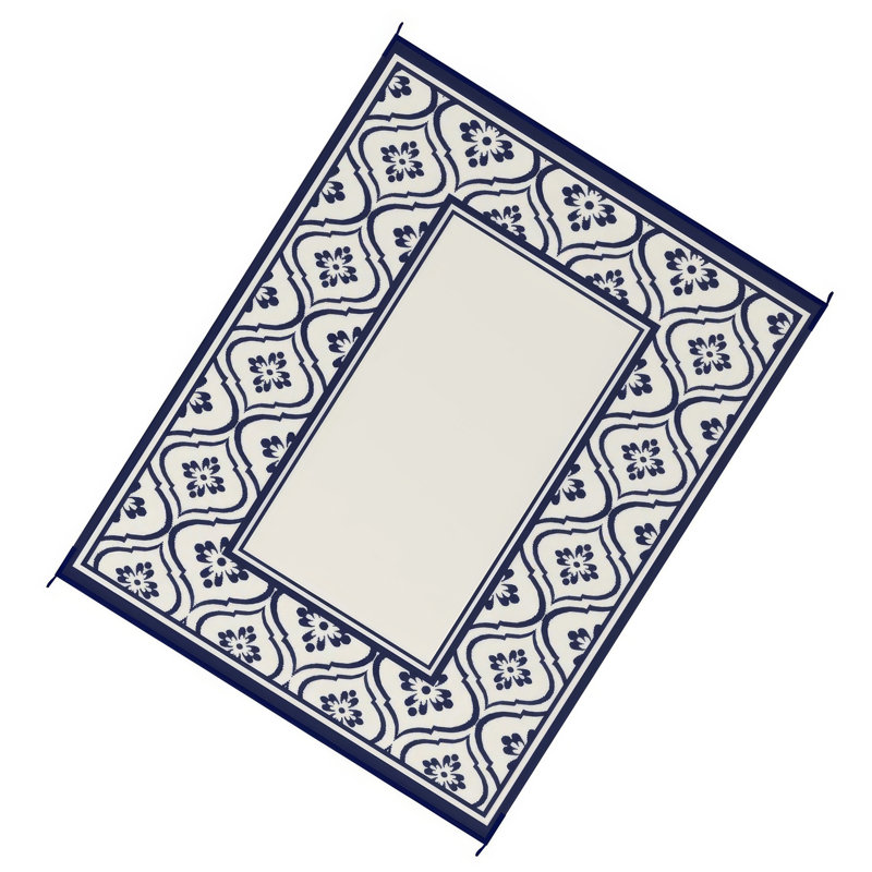 Tapis d'extérieur 8 x 10 avec sac de transport, bordure bleu-blanc