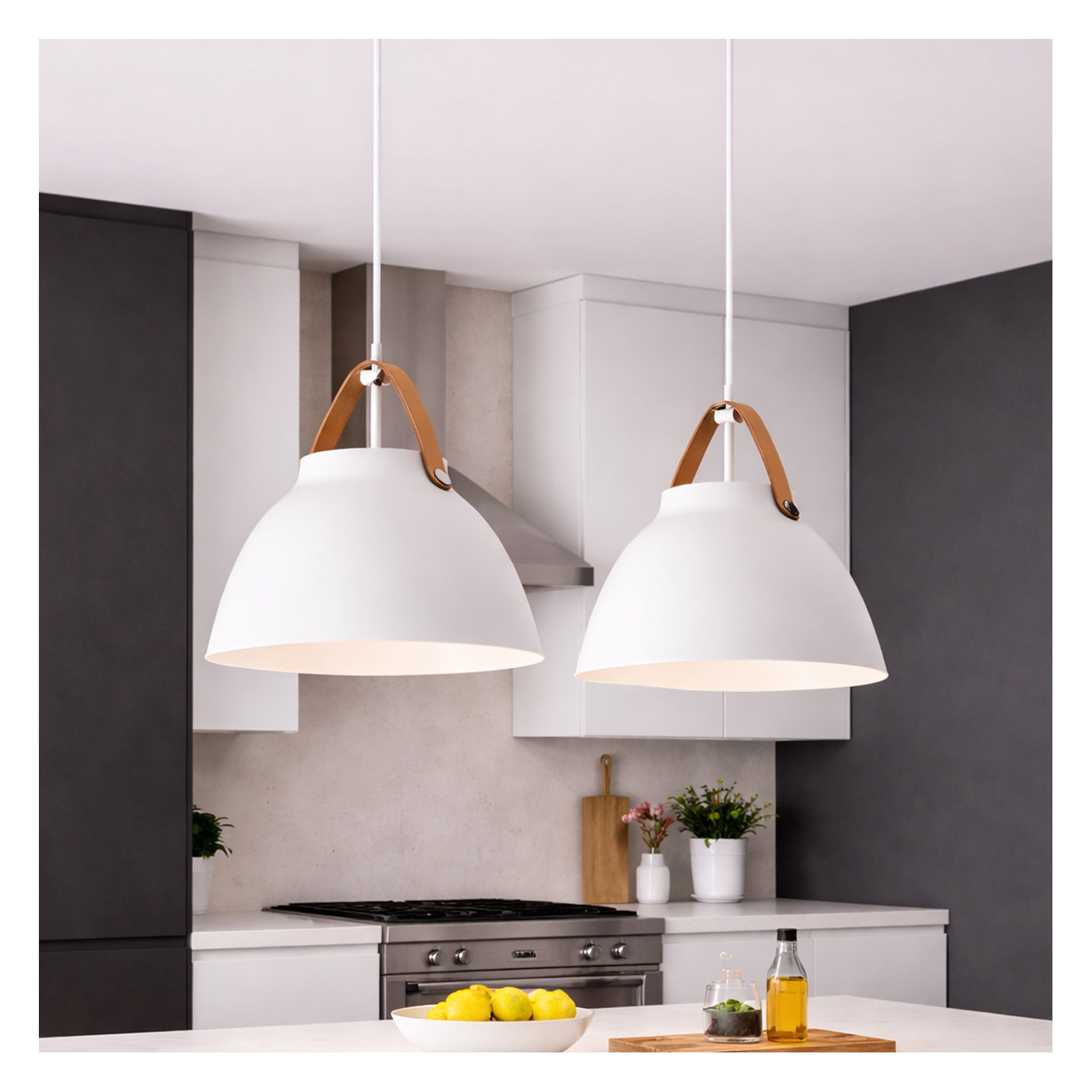 Gianni 1 - Light Single Dome Pendant, 14.5" H x 14.25" W x 14.25" D, Tan Leather/White