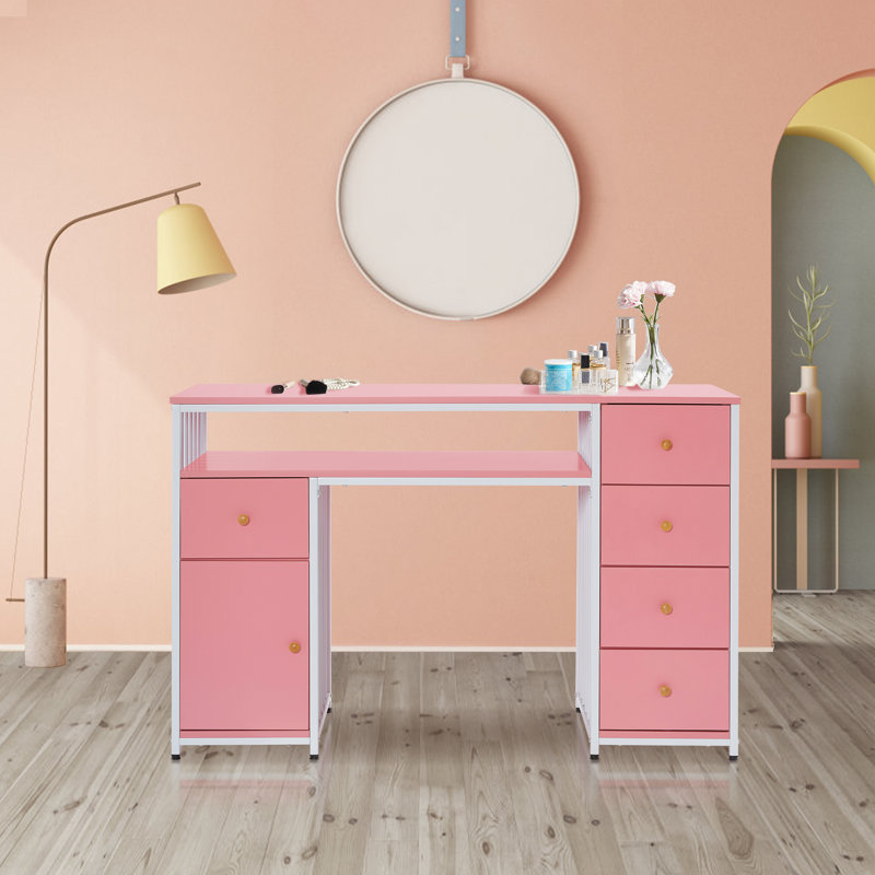 Desk with Drawer and Storage Cabinet, Makeup Vanity Desk with Metal Frame, Pink
