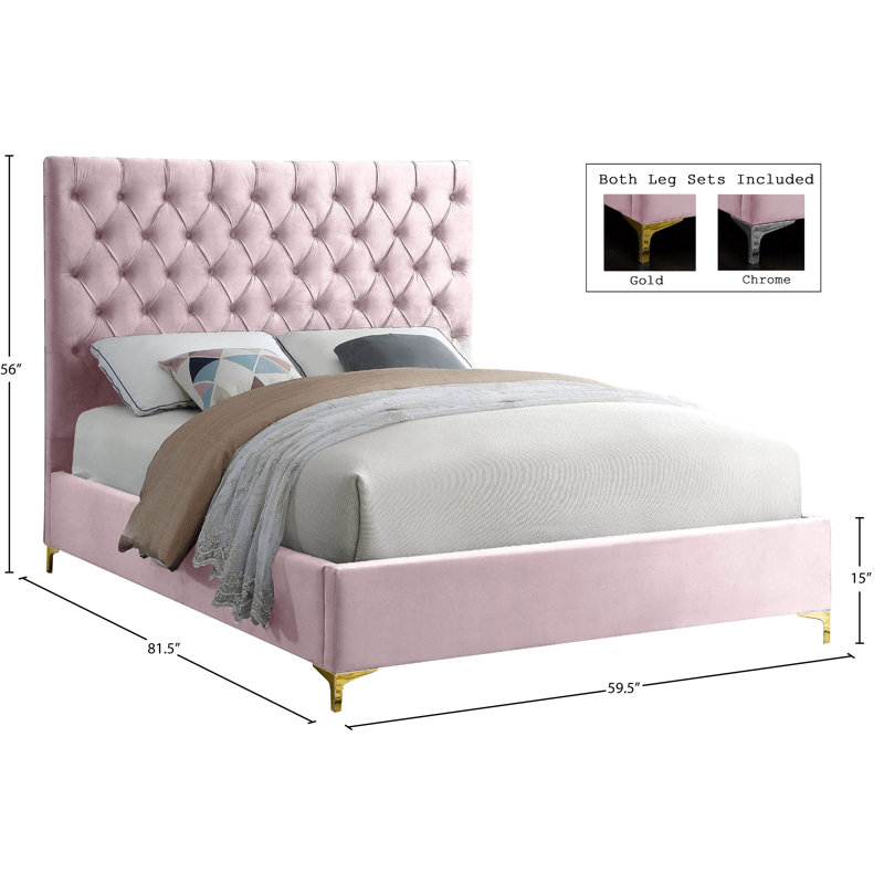Lit plateforme tapissier Cruz, Double, Velours rose