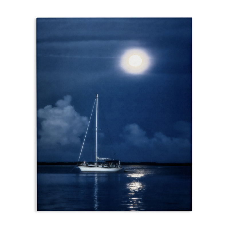 «Moonlit Nighttime Sail», art mural sur toile par Mary Lou Johnson, H 30 po x l 24 po