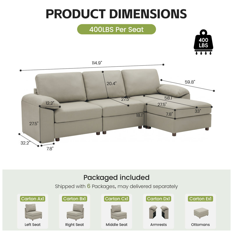 Canapé modulaire moderne avec repose-pieds en cuir de polyuréthane Marybelle Marybelle, Beige Faux Leather