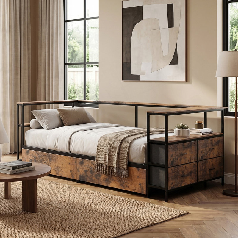 Twin Corner Daybed Frame with Under-Bed Drawers and Headboard Storage