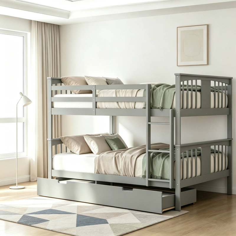 Lit superposé double en bois avec lit gigogne simple, se divise en deux lits plateforme, Gris