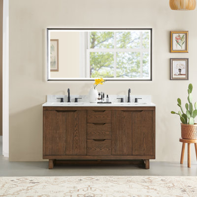 Meuble-lavabo double 60 po en chêne brossé brun avec grain de pierre blanc Mowry