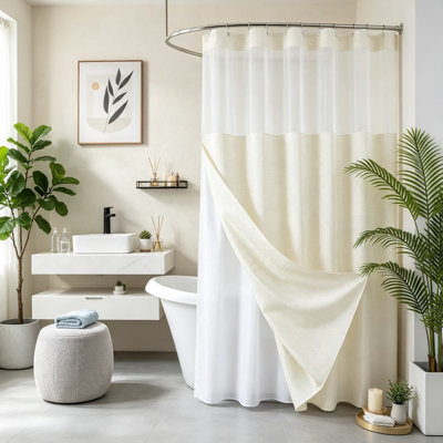 No Hook Shower Curtain with Snap in Fabric Liner, Waffle Weave Heavy Duty Thick Shower Curtains with Mesh Top Window, Hotel Style Waterproof Bathroom Curtain Set