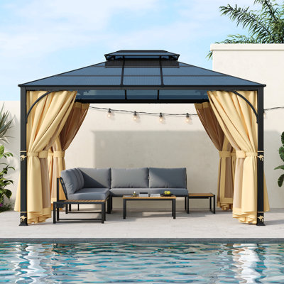 Pavillon de jardin extérieur à toit rigide 10 pi x 12 pi, pavillon de jardin à double toit robuste avec cadre, moustiquaire à double couche pour murs latéraux et rideaux d'intimité pour patio, jardin, cour arrière