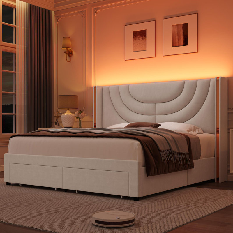 Ensemble de chambre à coucher 3 pièces, lit de rangement avec lumière DEL, 2 tables de chevet avec station de charge, Grand