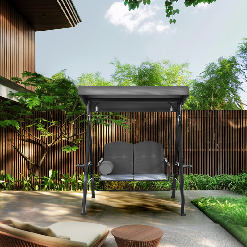 Gray Iron 2-Person Cushioned Patio Swing with Adjustable Canopy