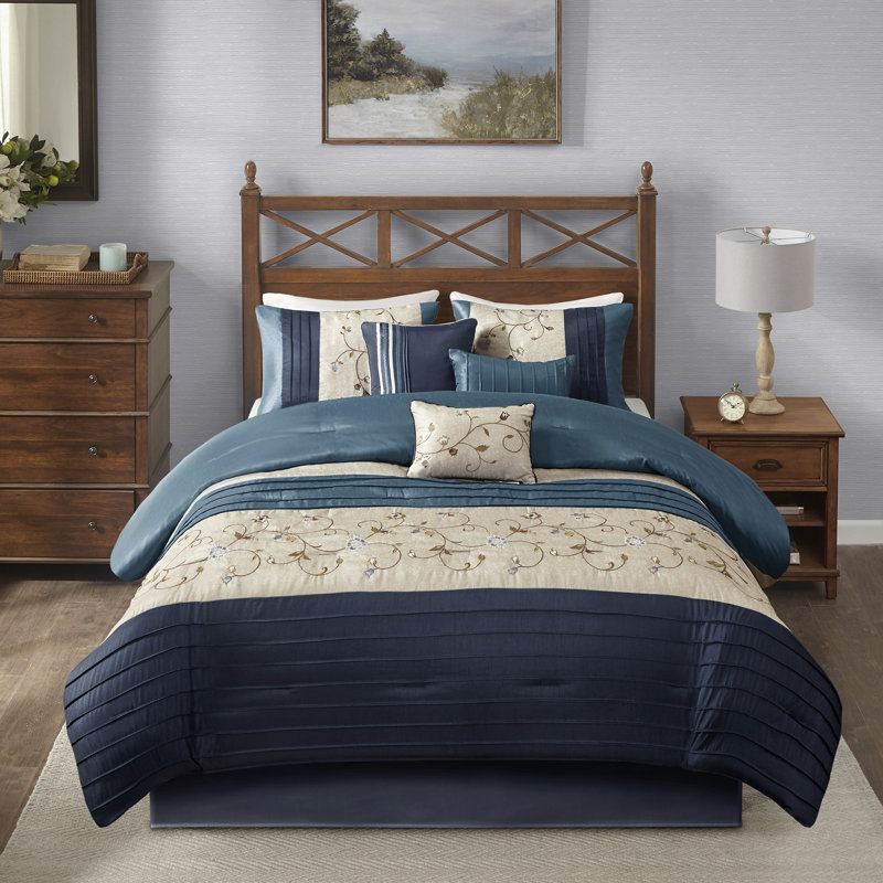 Serene Navy Embroidered Striped 7-Piece King Comforter Set, King Comforter + 6 Additional Pieces, Navy