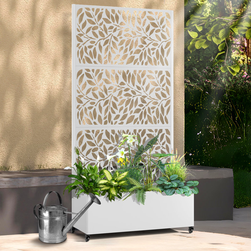Mur de jardinière en métal avec treillis et roues, lit de jardin mobile surélevé extérieur, double usage pour la décoration et la plantation d'intimité, avec trous de drainage, pour plantes grimpantes, légumes et fleurs de vigne 