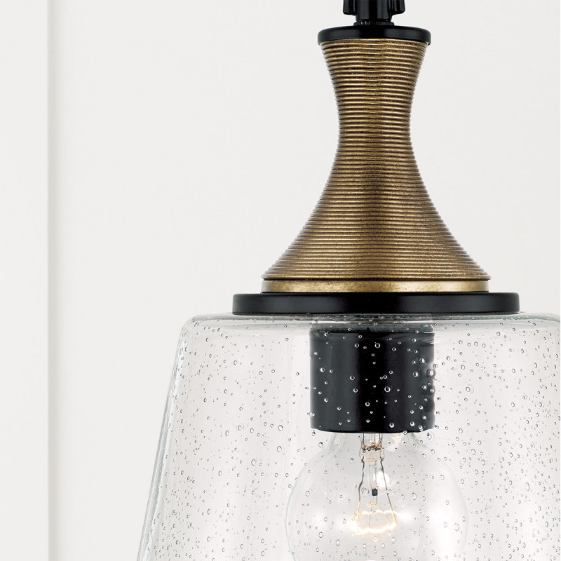 Matte Black and Brass Pendant with Seeded Glass Shade