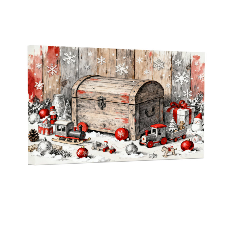 Coffre de Noël en bois avec jouets et décorations, ensemble de 3 impressions sur toile, H 20 po x l 30 po