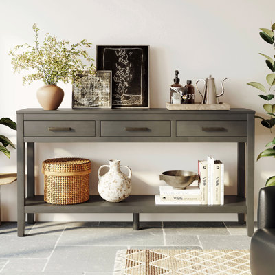Table de ferme avec 3 tiroirs, console peinte avec tablette inférieure et poignées en fer, table de canapé minimaliste
