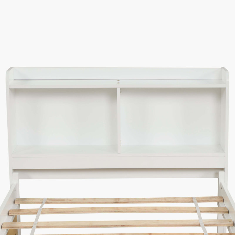 White Twin Size Bed With Bookcase & Trundle Unit, Twin, White