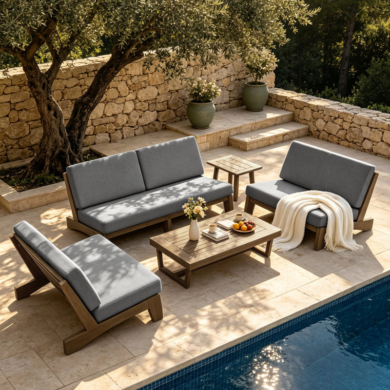 Ensemble de conversation Polett, Brown, Gris, 5 pièces: 2 tables, 2 causeuses, canapé