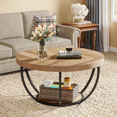 Table basse ronde, table basse circulaire de 31,7 po pour le salon, table d'appoint moderne en bois à 2 niveaux avec tablettes ouvertes de rangement, grain de bois