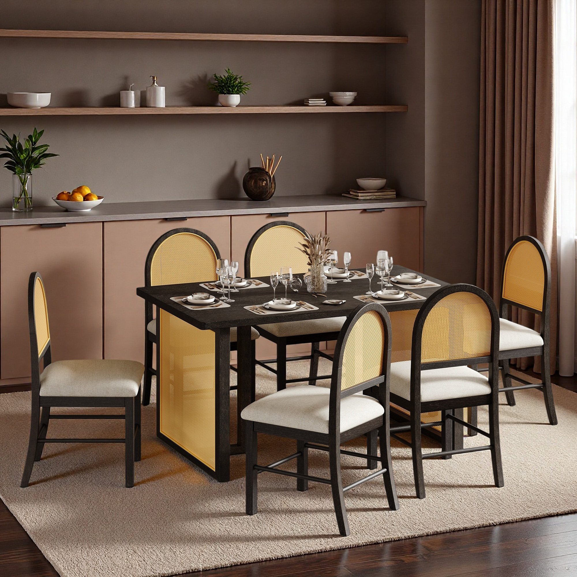 Bay Isle Home™ 7-piece Farmhouse Dining Table Set With 6 Rattan Chairs ...