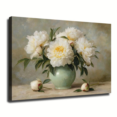 Vase de pivoines blanches, peinture à l'huile florale rétro, grande reproduction d'art sur toile tendue pour salon, chambre à coucher