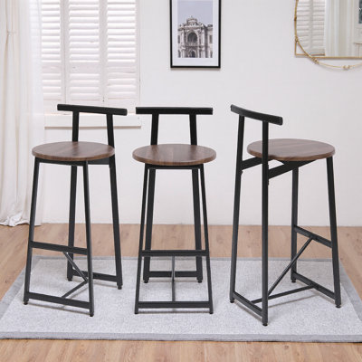 Set of 3 Black & White Metal Bar Stools with Backrest for Kitchen Island, Dining, and Pub Room