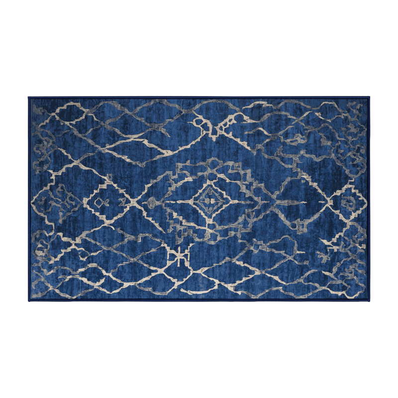 Machine Washable Blue Area Rug, Runner  2' x 4'