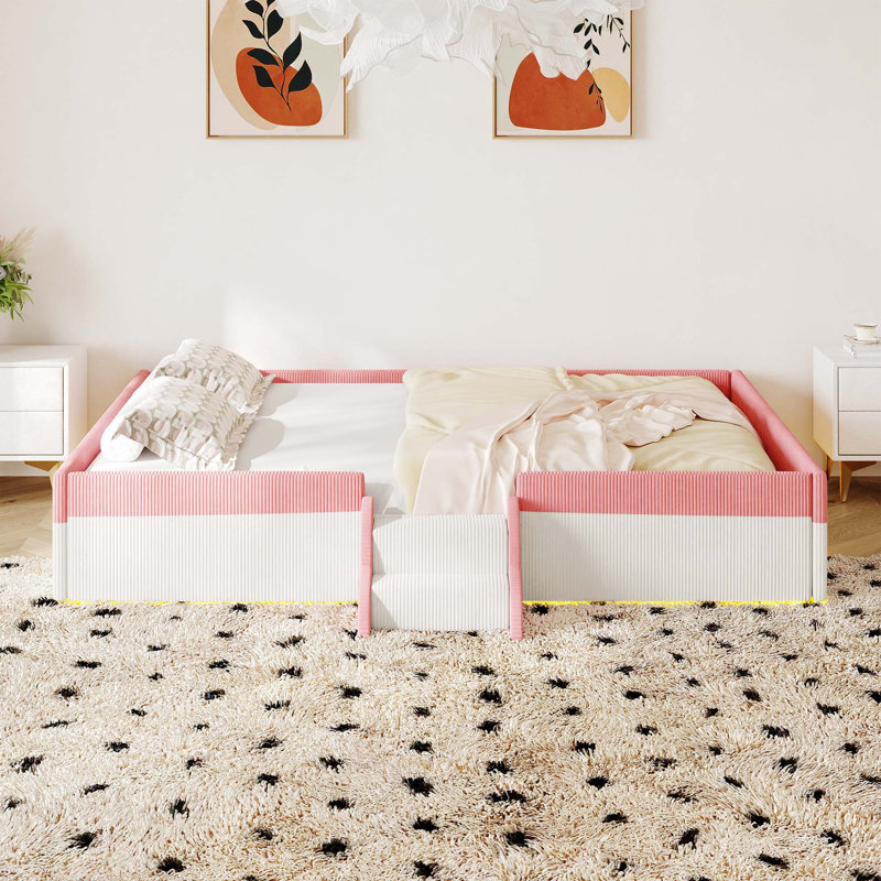 Lit tapissier de qualité supérieure avec clôture de sécurité et éclairage DEL intelligent, Rose ; blanc