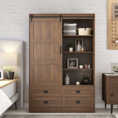 Tall Bedroom Wardrobe With Rails, Barn Doors, Drawers And Open Shelves For Complete Storage by Dovecove