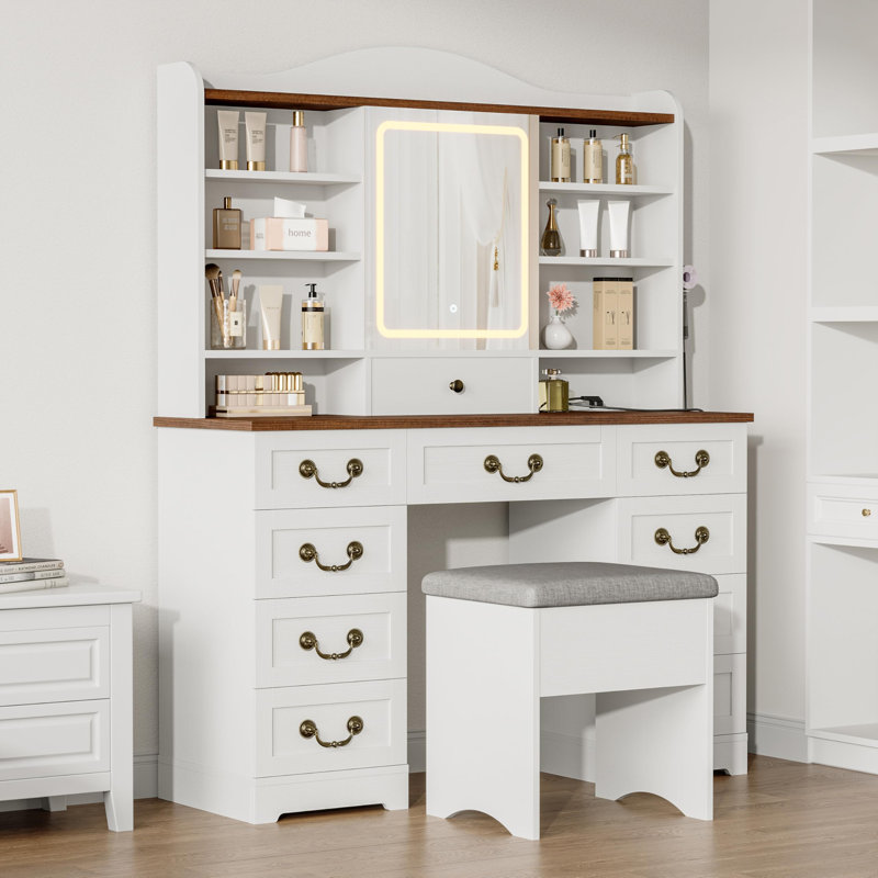 Bureau de maquillage avec miroir et lumières, coiffeuse avec chaise, bureau de coiffeuse avec 10 tiroirs et 10 tablettes de rangement