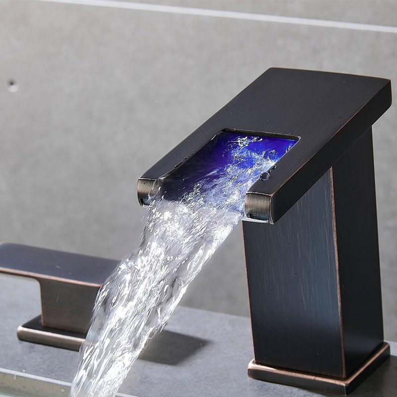 LED Bathroom Faucet 3 Hole, Oil Rubbed Bronze Waterfall Bathroom Faucets, 8 Inch Widespread Modern Bathroom Sink Faucet & Parts, Wide Spread Touch On Three Hole 2 Handle Bathroom Vanity Faucet