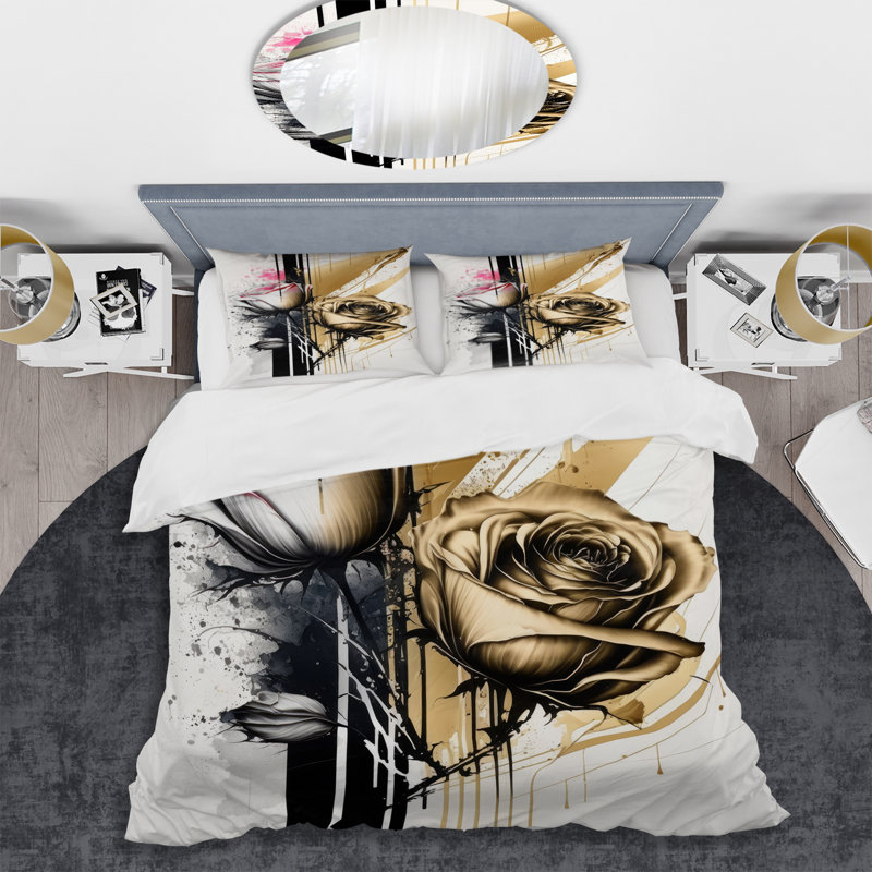Fleurs roses sur fond de peinture beige doré V - Ensemble de housse de couette Floral Roses - Polyester en microfibre