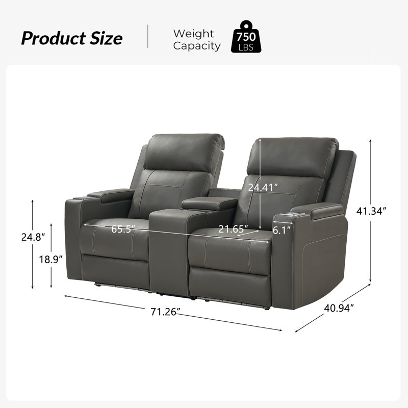 Siège de cinéma en cuir véritable avec porte-gobelet et rangement Altovise de 71,26 po de largeur, Gris