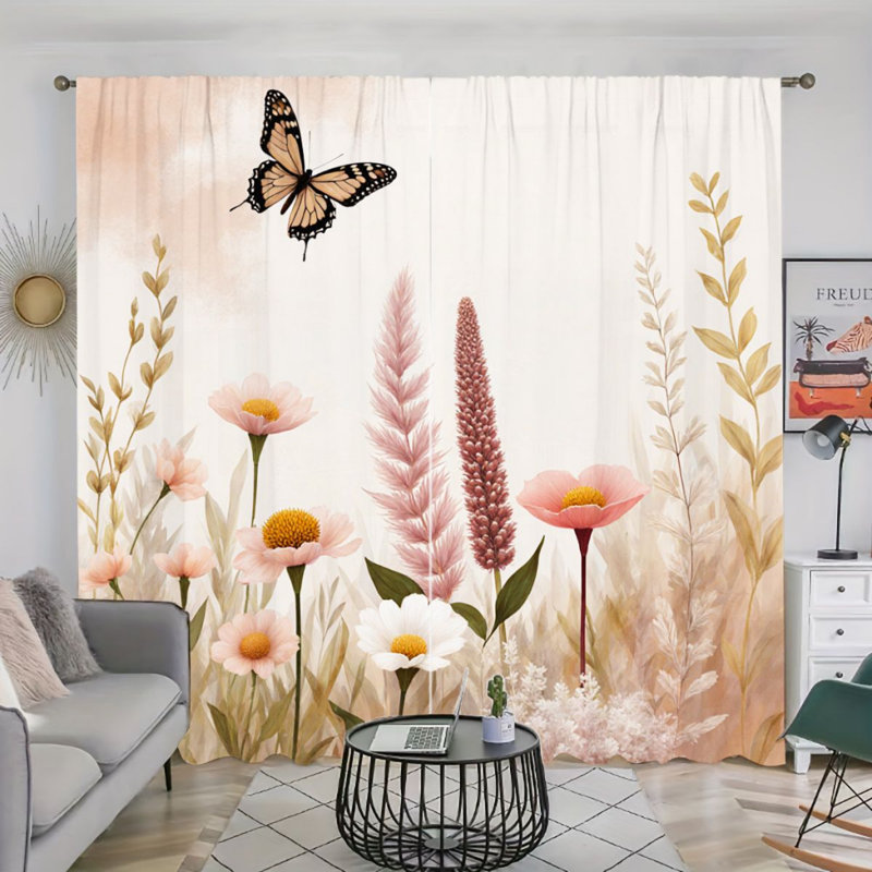 2Pcs Floral Butterfly Curtains, Nature-Inspired Design, Rod Pocket Sun Blocking, Boho Farmhouse Style, All-Season For Living Room Bedroom Study Window Decor