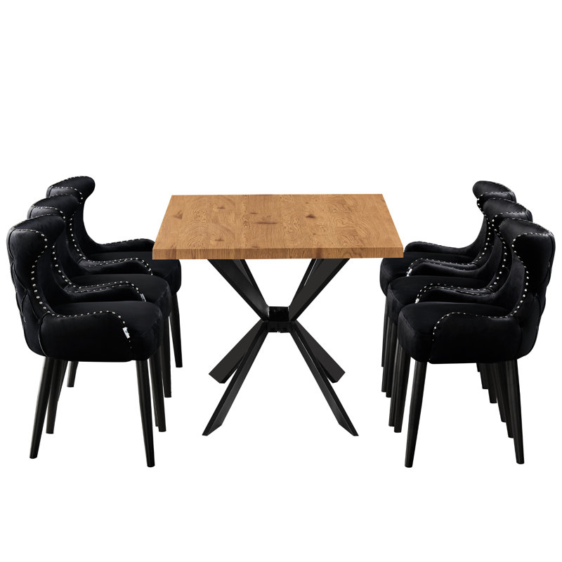 Ricky 6 Person Dining set - a Rectangular Wooden Dining Table with Metal Legs and a Set of 6 Quilted Velvet Dining Chairs for Dining Room - Modern Dining Table Set