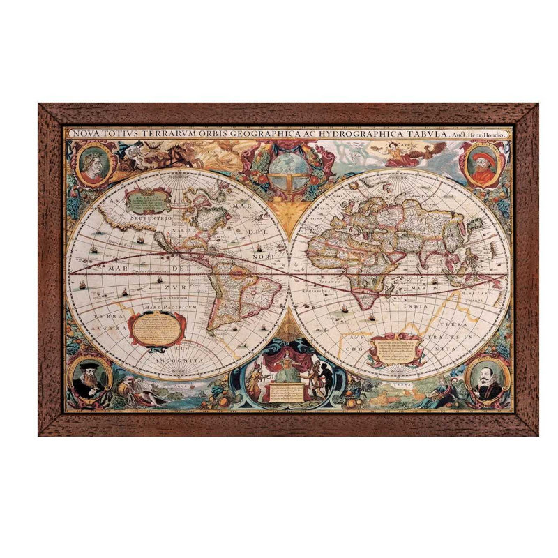 Antique World Map 1 Piece Wall Art on Canvas, 66.04 cm H x 45.72 cm W, Mustard/Dark Red/Cream, Brown Floater Framed