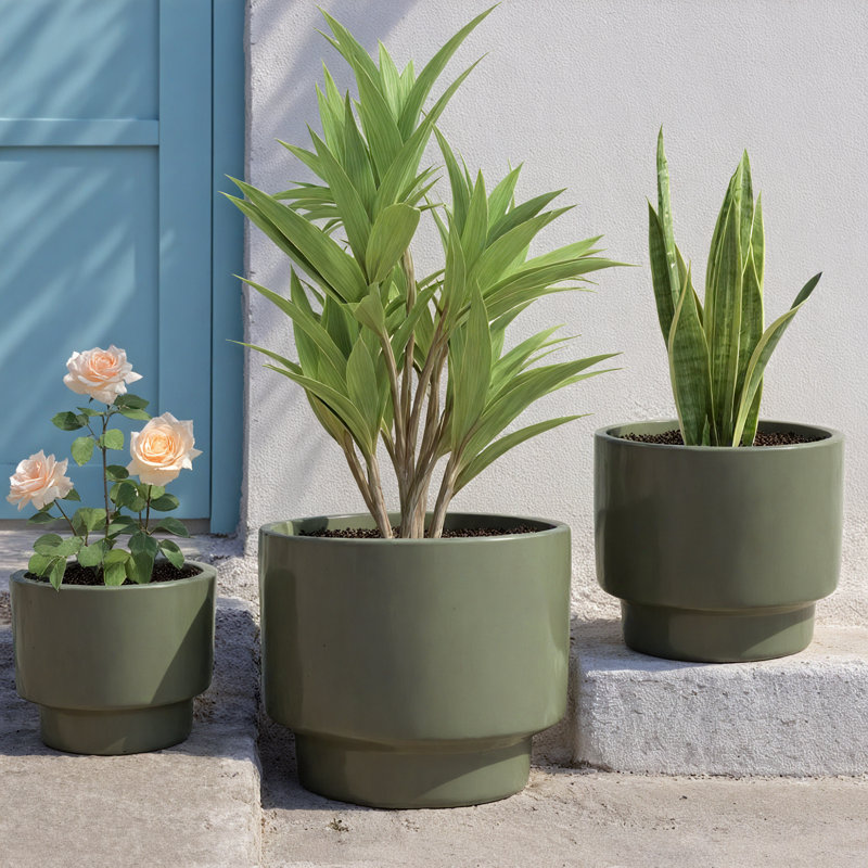 Indoor/Outdoor Modern Ceramic Pot Planter with Drainage Hole Set of 3, Green