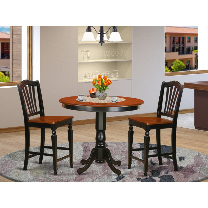 3 Piece Counter Height Dining Table Set Contains a Round Wooden Table and 2 Kitchen Dining Chairs, Black & Cherry
