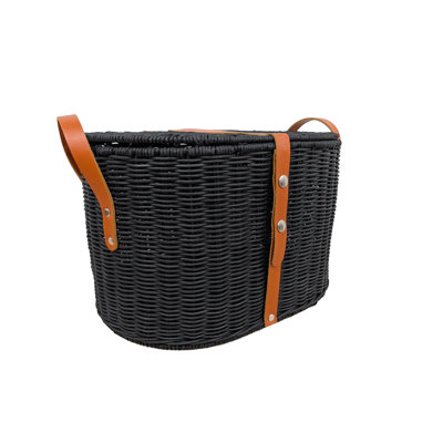 Cole and Grey Rattan Handmade Woven Black Decorative and Functional Storage Basket with Brown Leather Handles